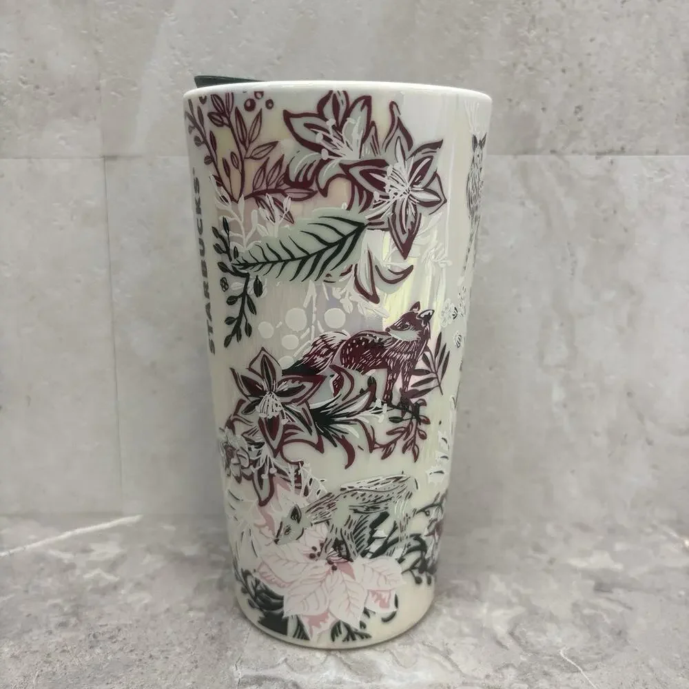 Starbucks 2022 Ceramic Tumbler Holiday Pink Enchanted Forest Floral Cup 12oz